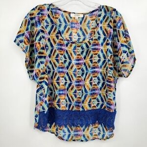 Umgee Cotton Blend Multicolor Printed Crotchet Bottom Sheer Top